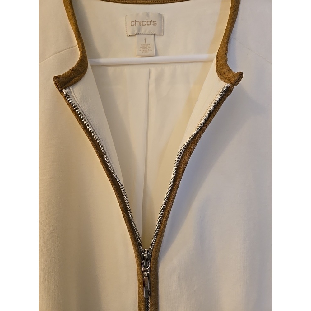 Chico's White Ponte Knit Suede Cuff Blazer Jacker Womens 1 Beige Brown Full Zip - Picture 8 of 16